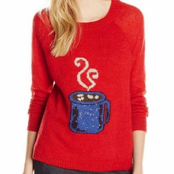 Red Woolrich Graphic Thin Sweater Mohair Blend Cocoa Mug Design EUC - Picture 1 of 11